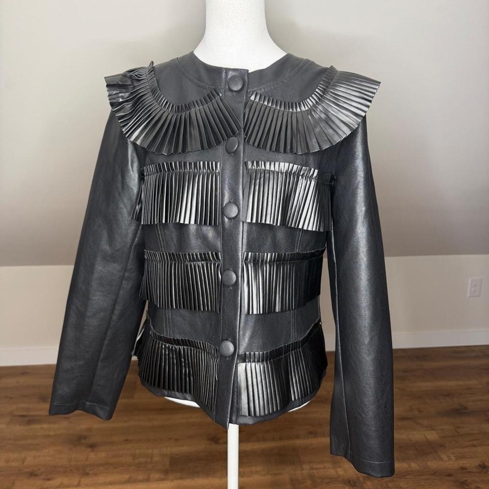 VOX Black Pleated Faux Leather Jacket | Avant-Garde Statement Coat | Size M